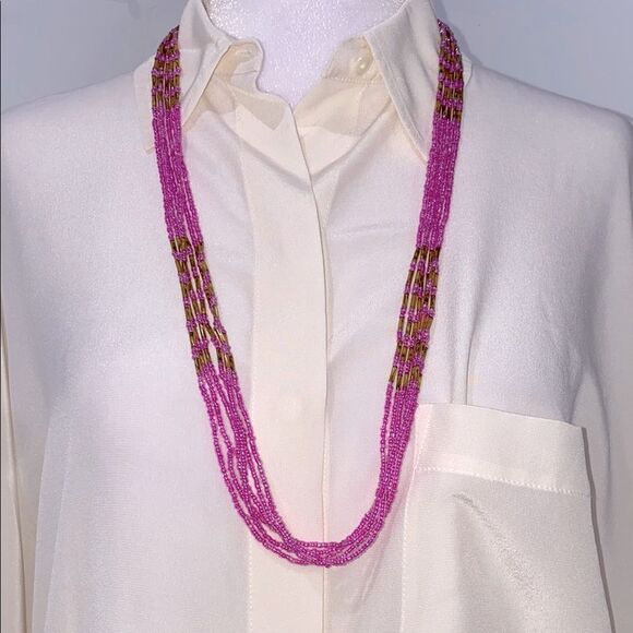 Vintage Pink and Gold Beaded Necklace 15" Hang Length 6 Strand - Picture 1 of 6